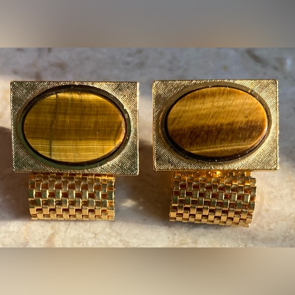 Dante Vintage Tiger Eye Gold Tone Mesh Wrap Around Watch Band Cuff Links - Picture 2 of 5